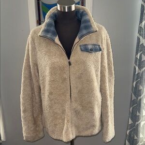 Pendleton Ladies' Fuzzy Zip Jacket in beige heather with a blue plaid collar XL